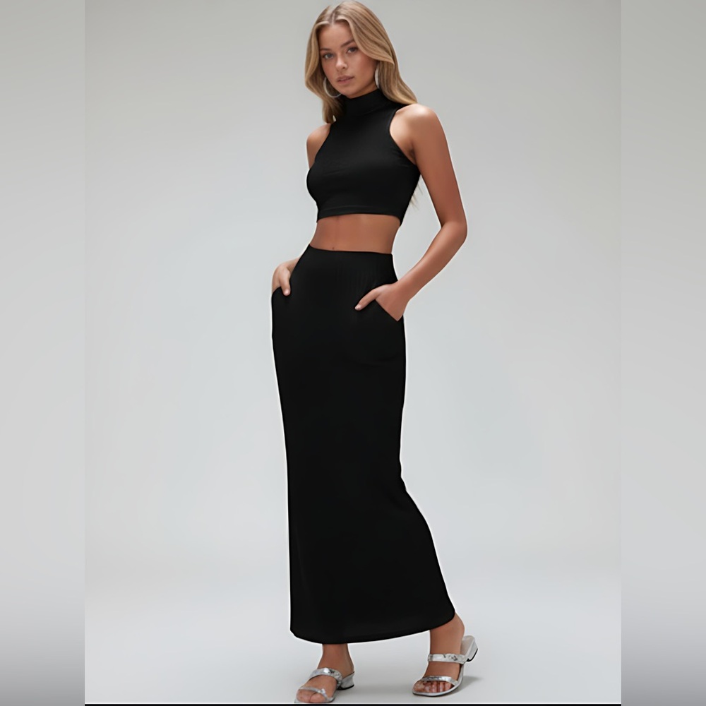 Black Textured High Neck Crop Tank Top & Pencil Skirt